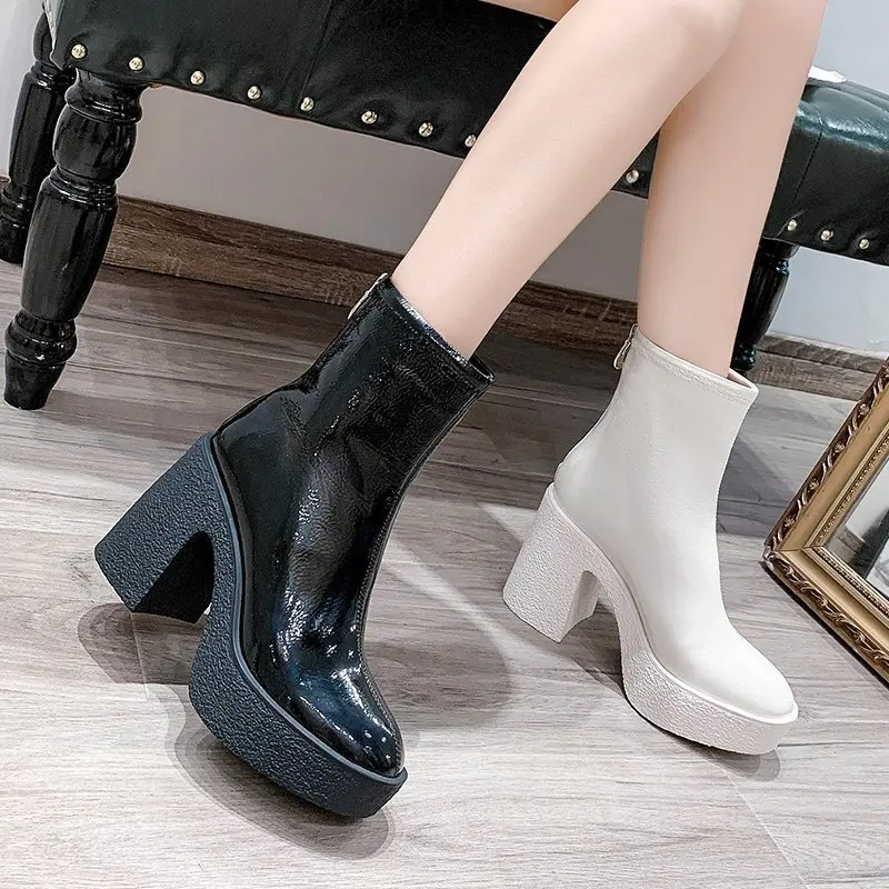 

legante Vrouw Beige Enkellaars Vrouwen Hoge Hakken Dames Laarzen Mode Botas Kwaliteit Vierkante Hoofd Stretch Herfst Schoenen