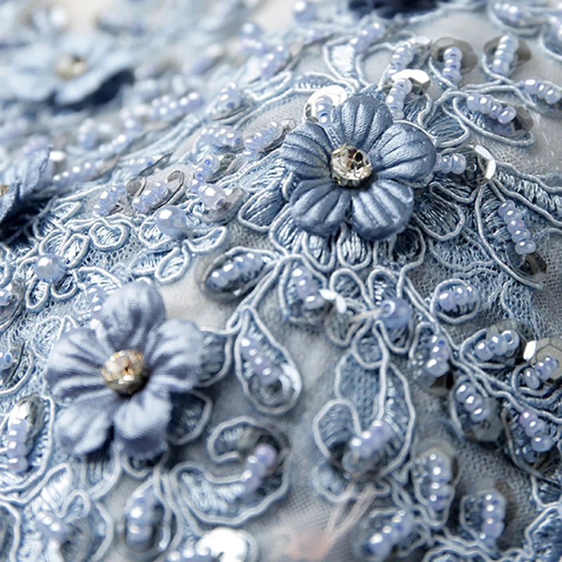 

Blue Luxury Evening Dress Illusion O-Neck Lace Tulle Crystal Sequined Appliques Beading Embroidery Women Formal Dresses TS325