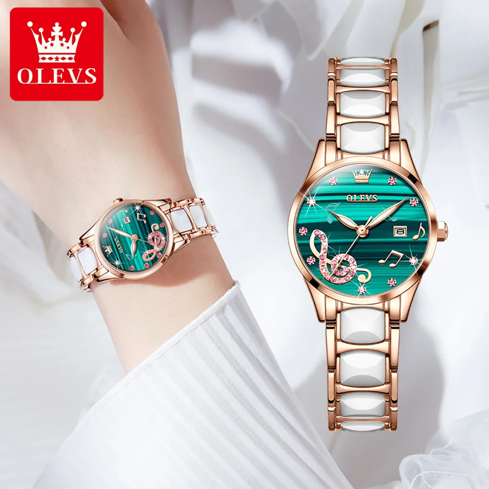 OLEVS Luxury Watch Women Rose Gold Water Drill Bracelet Watch Ceramic Strap Female Casual Quartz Wristwatches Relogio Feminino