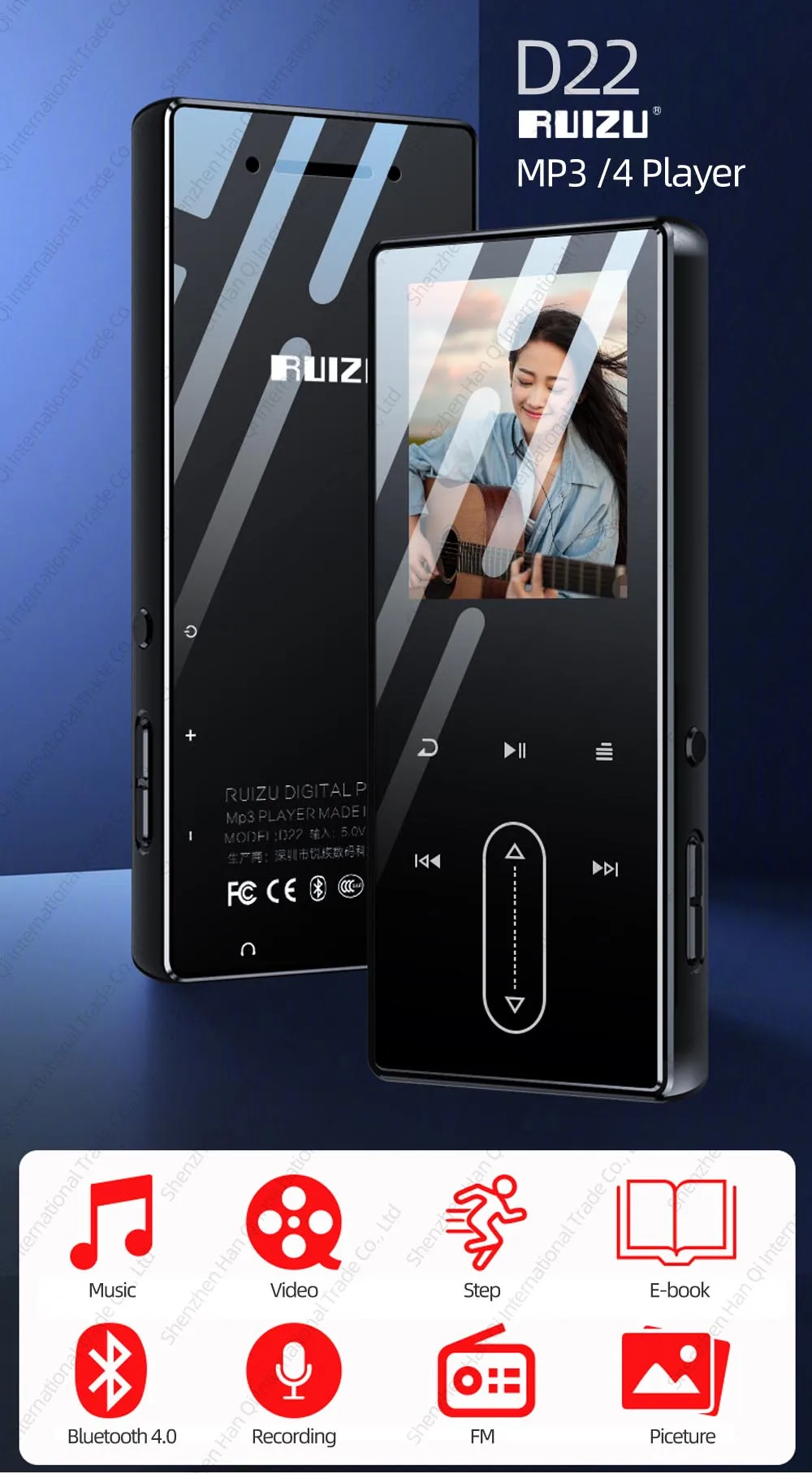 Ruidu D22 Bluetooth MP3-плеер портативный аудио музыкальный плеер 8 Гб со встроенным динамиком поддержка fm-радио, запись, электронная книга, шагомер