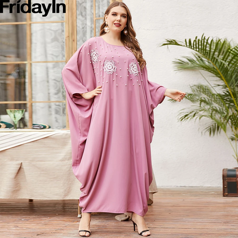

Новинка сезона осень 2021, женское свободное платье FridayIn, с вышивкой в виде розовых бусин, с рукавом летучая мышь, Средневосточный халат, женск...