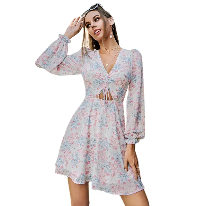 

Dresses for Women 2021Robe moulante Long Sleeve Chiffon V-neck Hollow Dress Ruffled Floral Slim-Fitting Amazon Women's Clothing