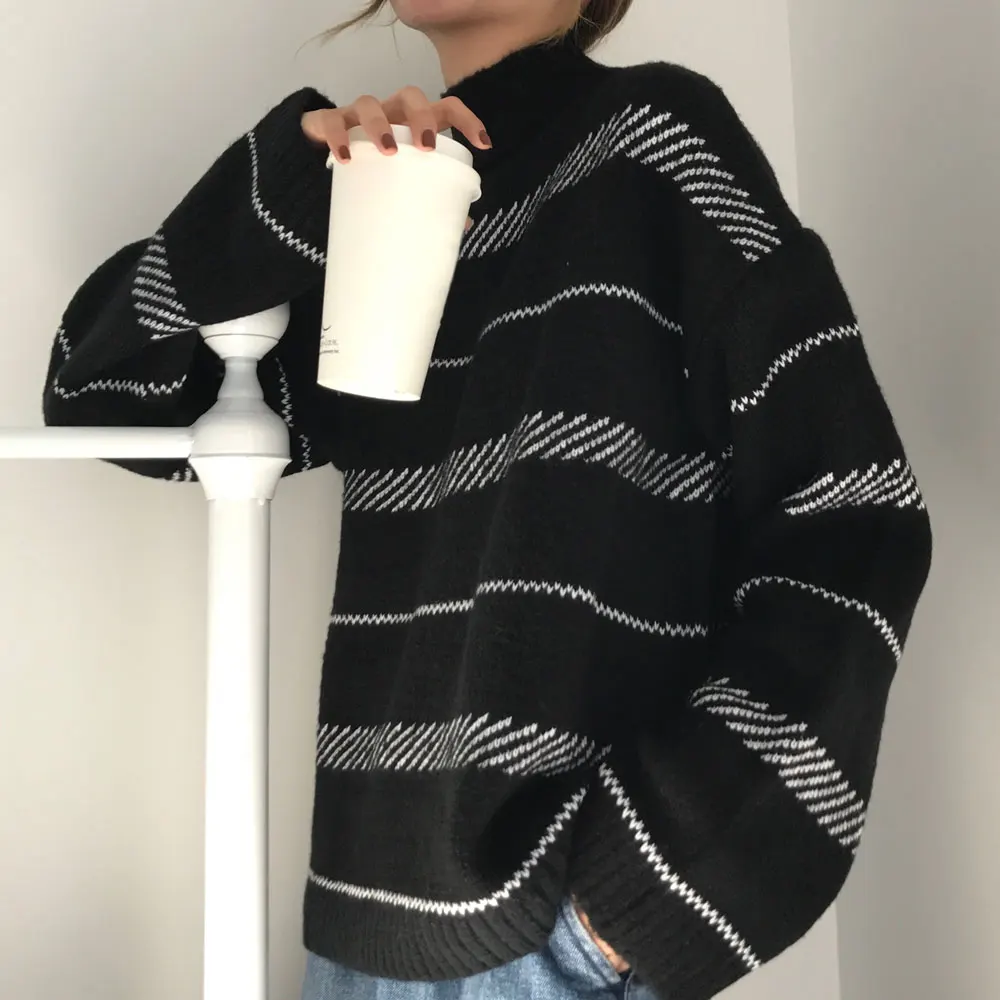 Пуловер женский зимний в полоску с высоким воротником свободный стиле Харадзюку