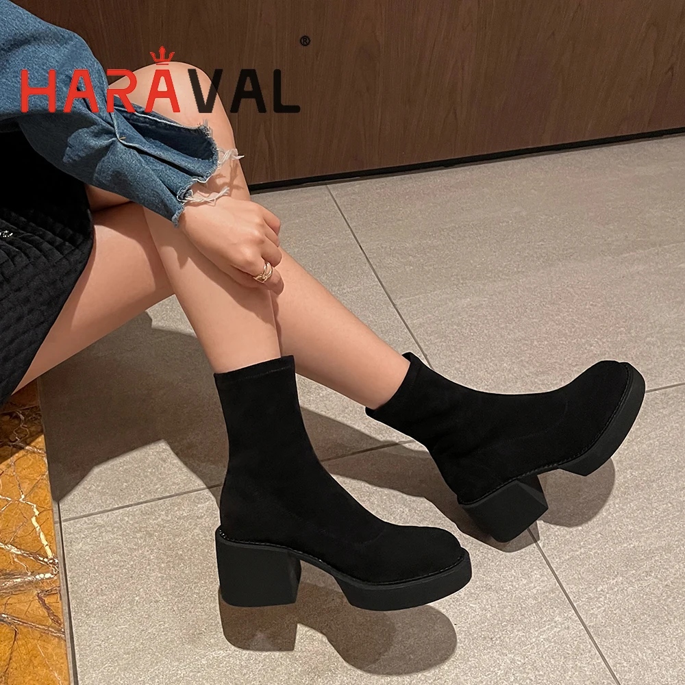 

HARAVAL Women Ankle Boots Shoes High Heels Stretch Boot Kid Suede Solid Round Toe Adult Thick Bottom Spring Autumn Boot E130L