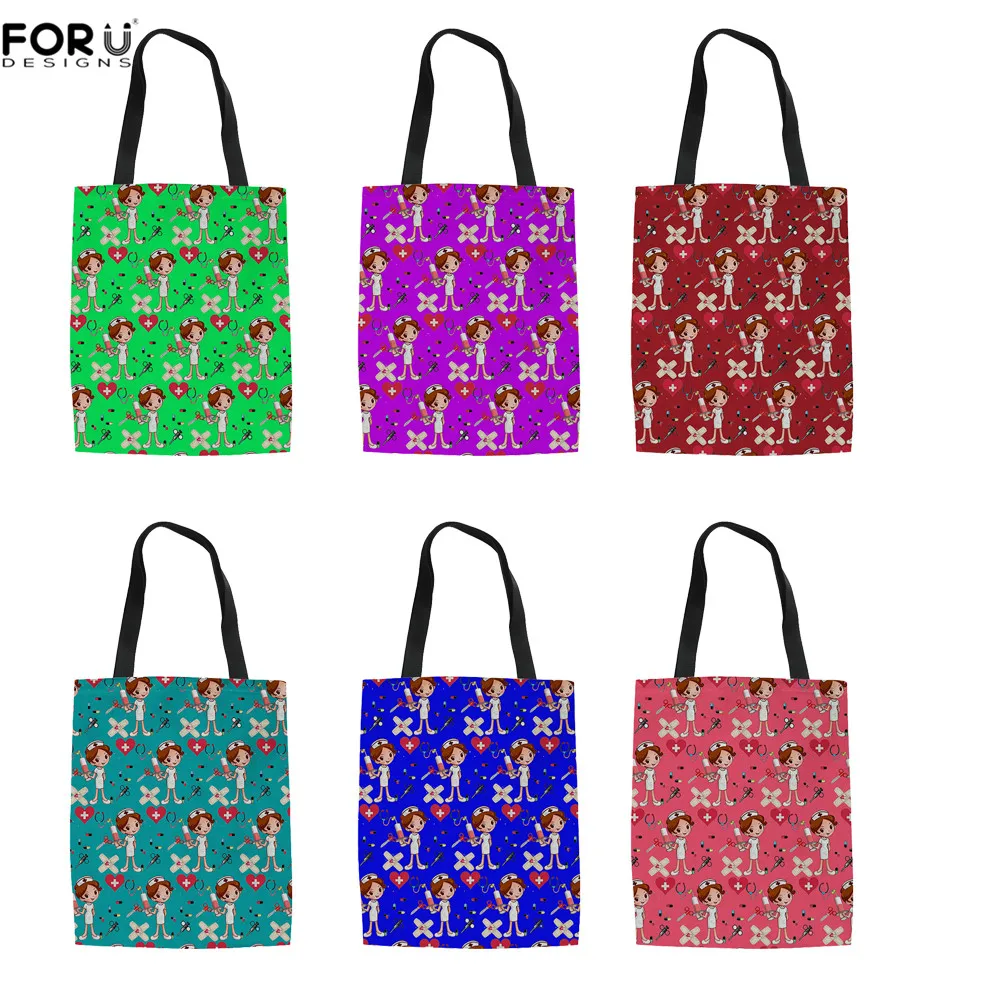 

FORUDESIGNS Girls Colorful Rainbow Shoulder Hanlde Tops Bag Cartoon Nurse Medical Doctor Prints Handle Tops Eco Friendly Totes
