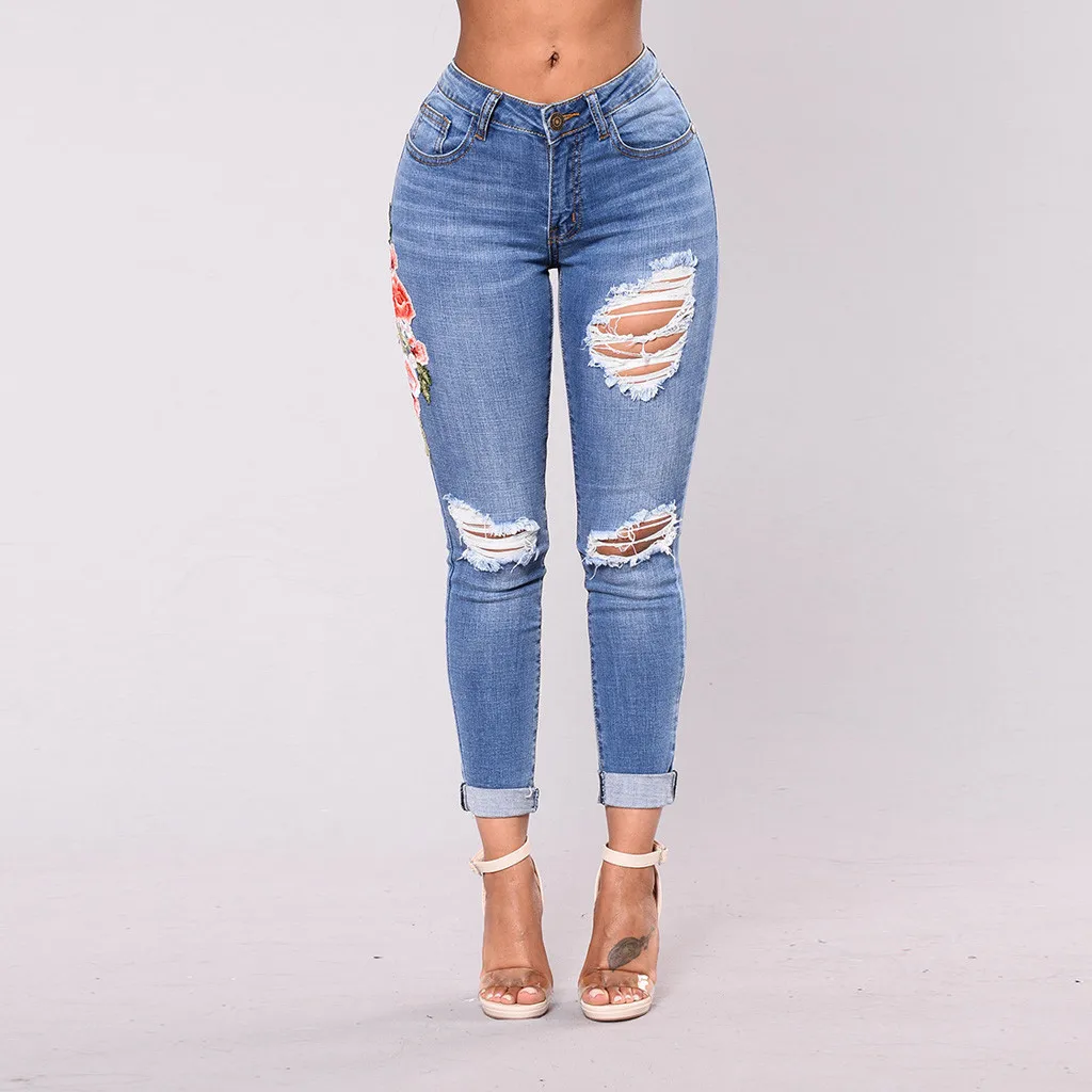 Джинсы Fahion женские с высокой талией Стрейчевые штаны принтом облегающие рваные