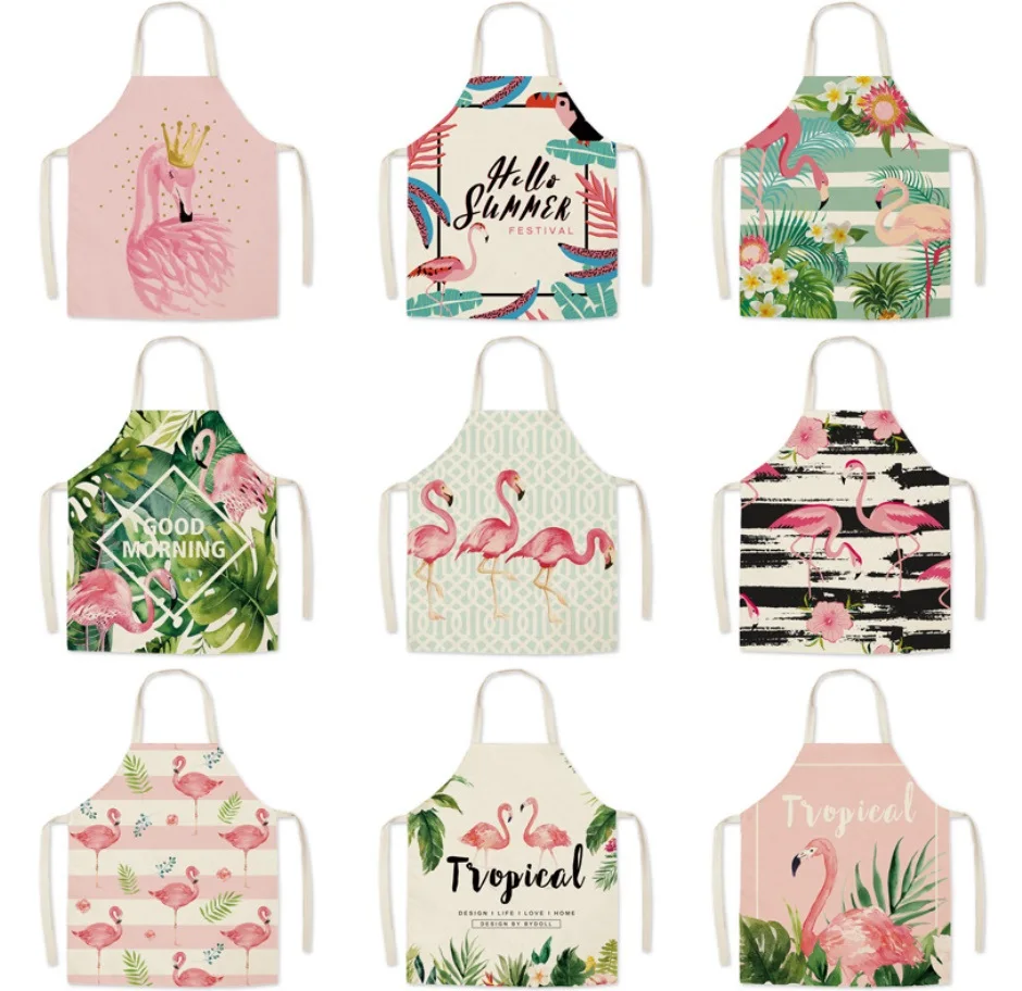

Flamingo Leaf Pink Pattern Cotton Linen Aprons Home Cooking Baking Coffee Shop Cleaning Aprons Kitchen Accessories 65*75cm