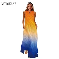 movokaka new summer maxi dress holiday beach casual elegant vintage yellow print dresses woman party sleeveless long dress women