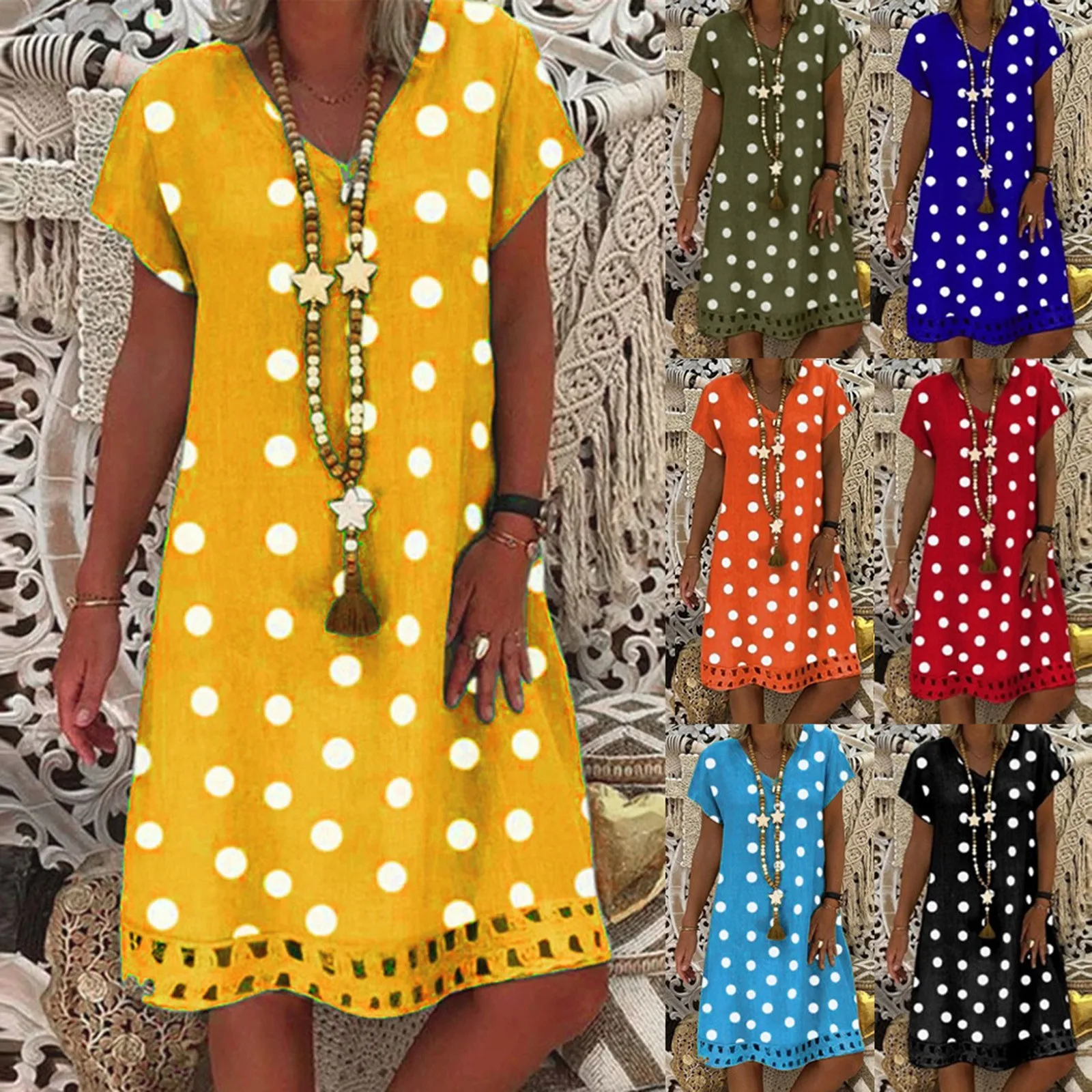 

Casual Loose Polka Dot Print V-neck Short-sleeved Ladies Dress Summer Trimming Hole A-line Knee-length Skirt