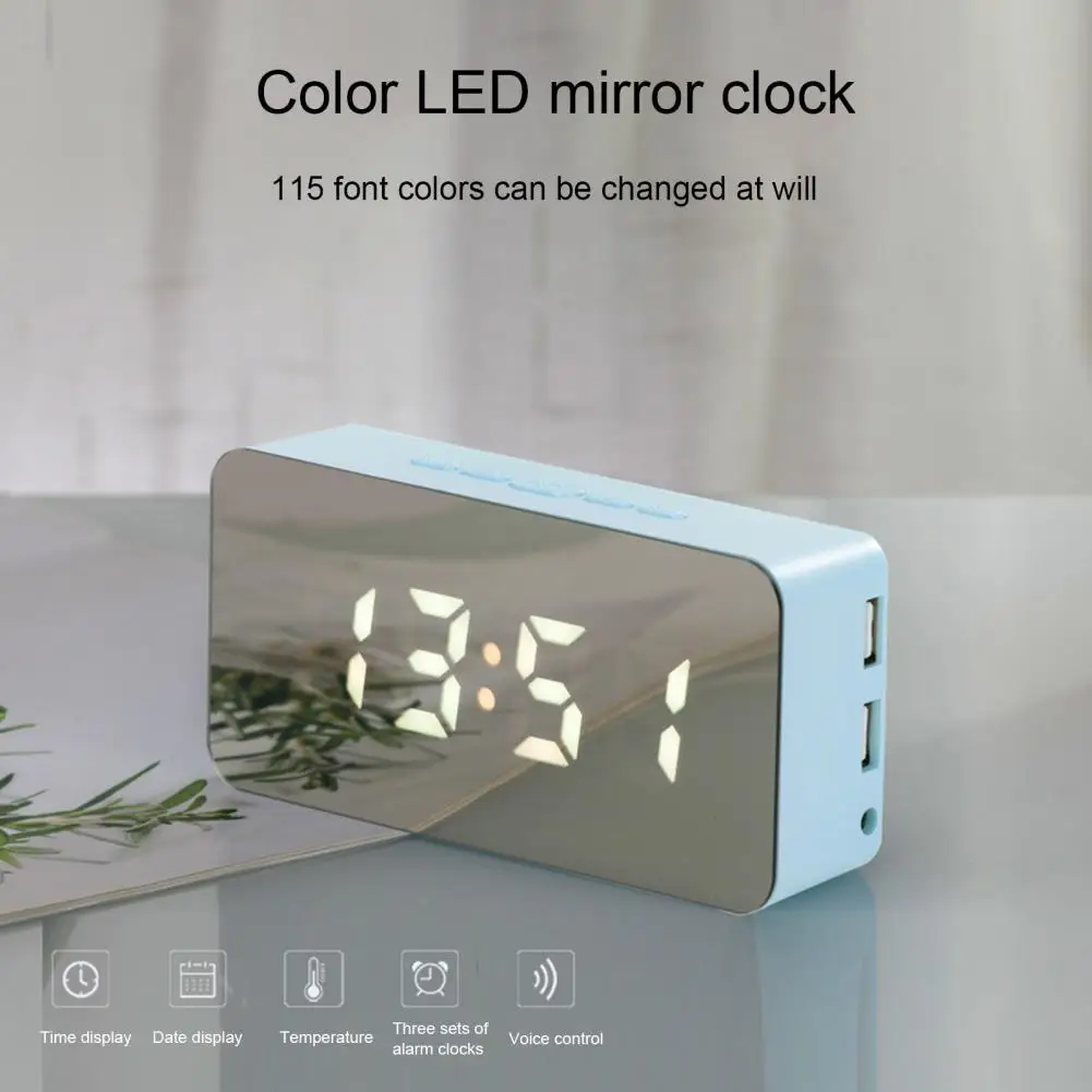 

Alarm Clock Mirror Surface Multi-functional with 2 USB Interfaces Digital Alarm LED Clock with Cable Household Supplies