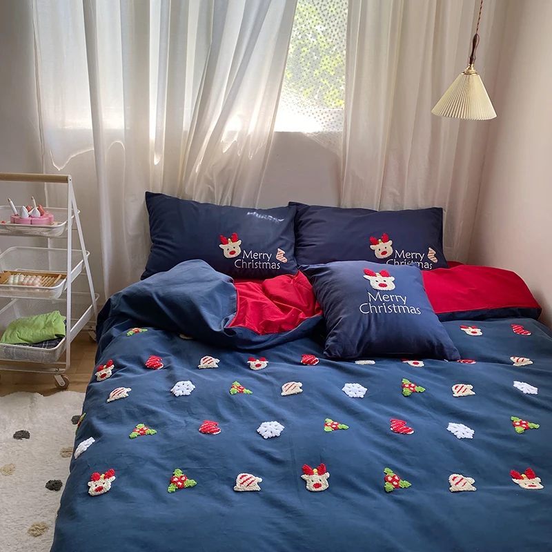 

Christmas Decor Cotton Brushed Bedding Set Queen King Size Warm Sanding Embroidered Sheet Duvet Cover Set 4pcs for Winter Home
