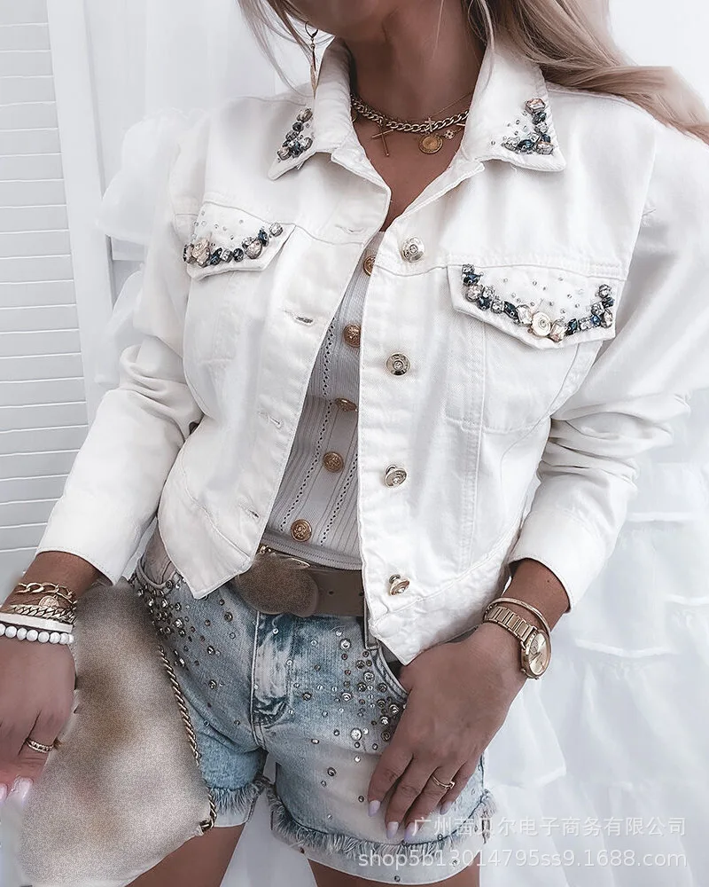 

Women Jacket 2021 Fall New Diamonds Pockets Button Turn Down Neck Full Sleeve Fashion Casual Slim Solid Color Jackets Coat