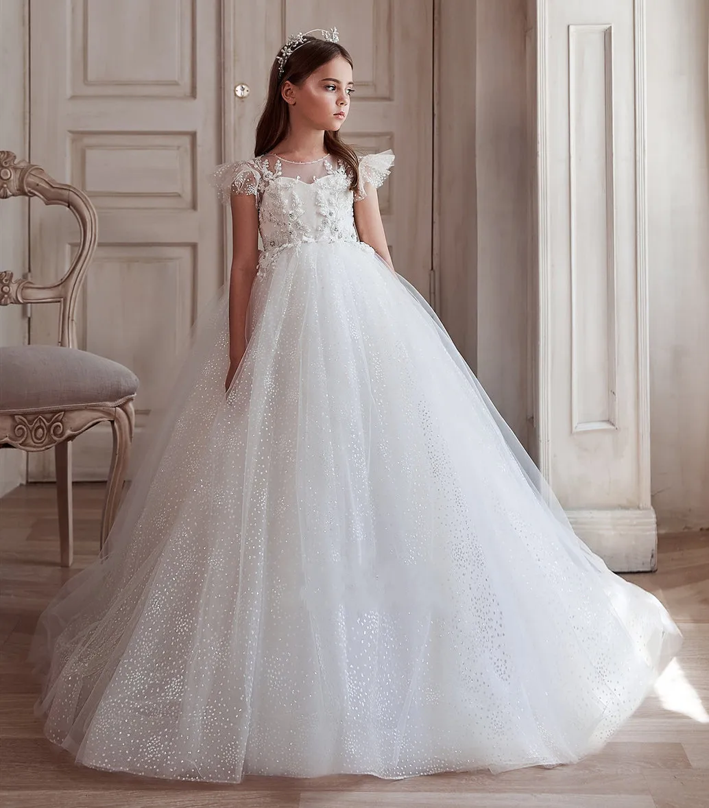 

New Flower Girl Dress Glitter Tulle Appliques Children Wedding Party Gown First Communion Dress