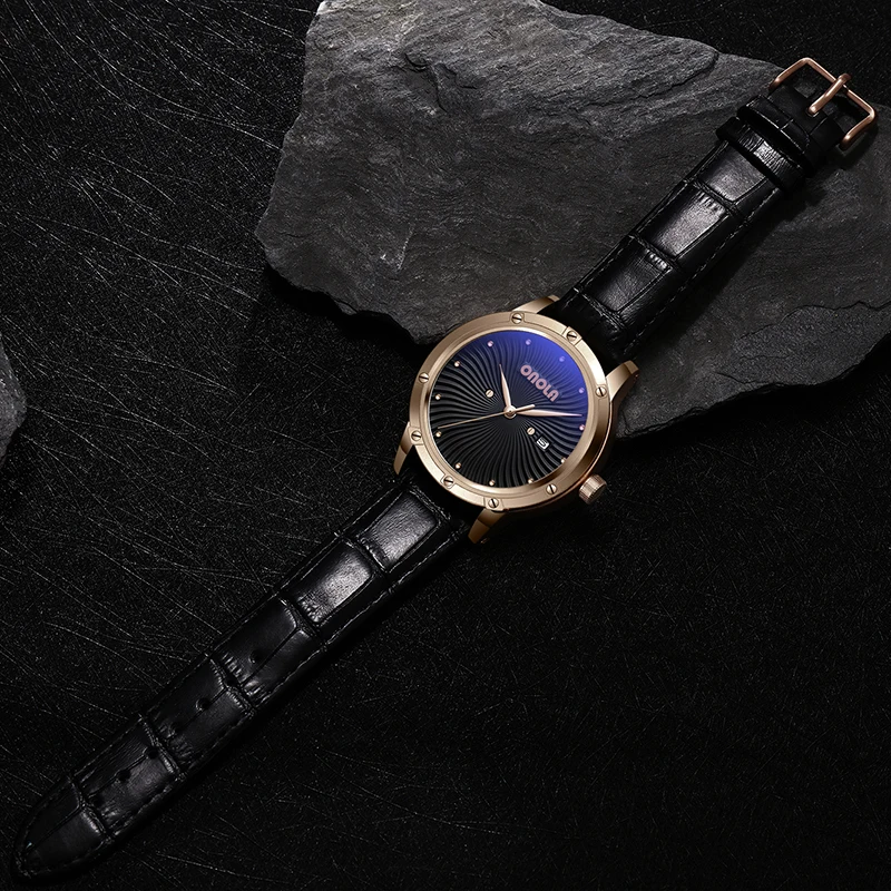 

ONOLA brand High Quality Mens Watch rose gold date wristwatch genuine leather watch man