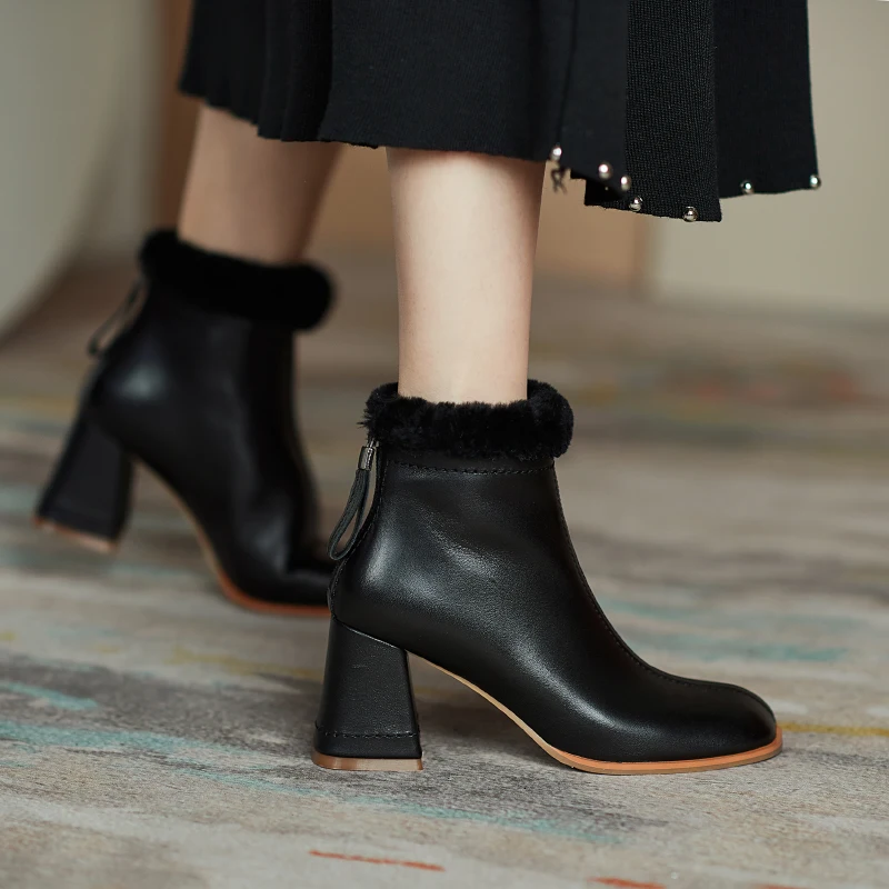 

MORAZORA 2021 New Arrival Fashion Ankle Boots Winter Keep Warm High Heels Women Boots Genuine Leather Boots Black Apricot