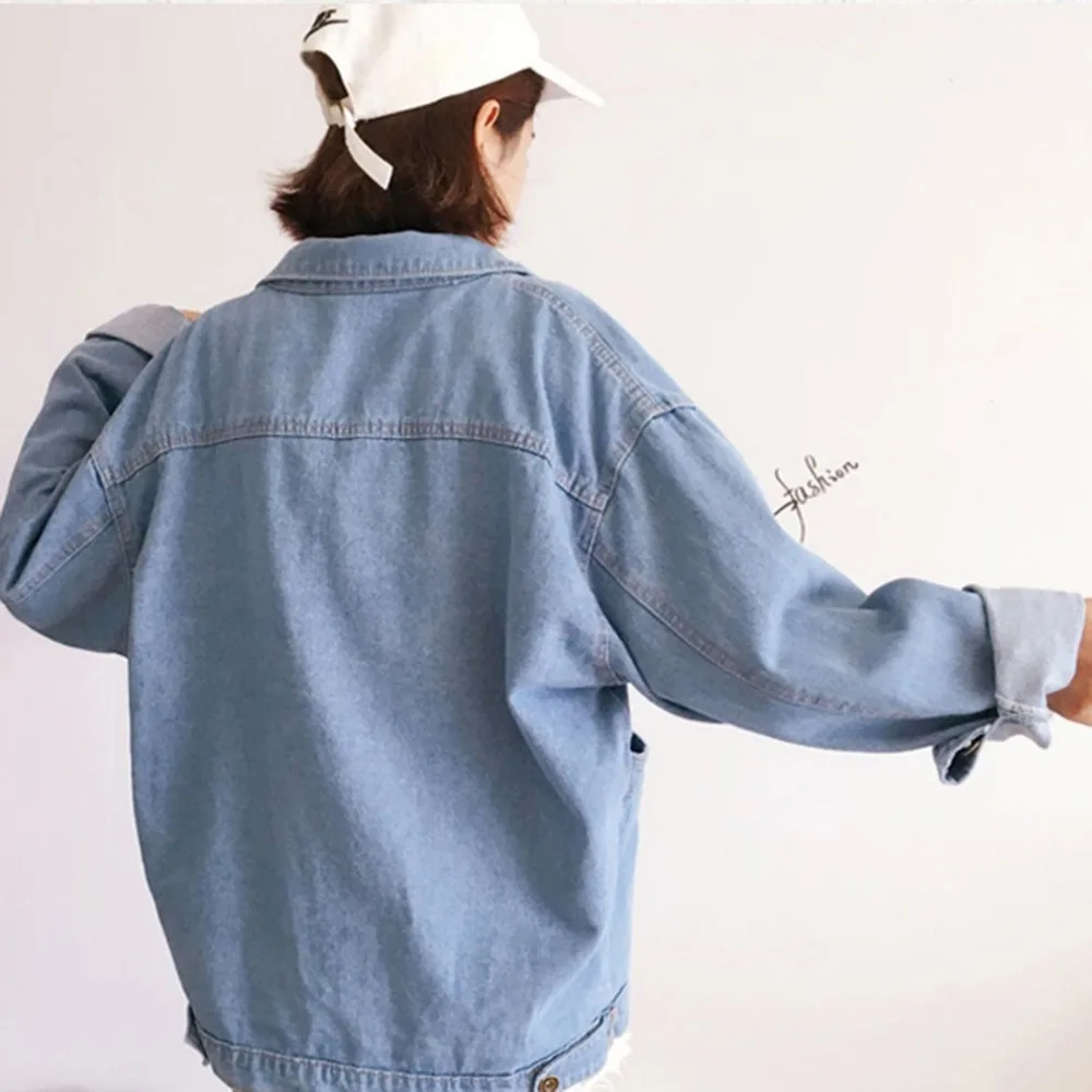 

2018 New Ladies Classic Denim Coat Relaxed Fit Tops Long Sleeve Loose Women Denim Jackets Turn-down Collar Girls Outwears