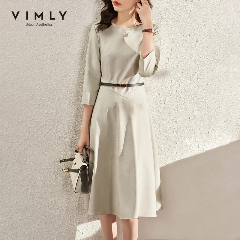 

VIMLY minimalist dress women 2021 autumn half sleeve elegant light luxury office lady French midi dresses female vestido F8707