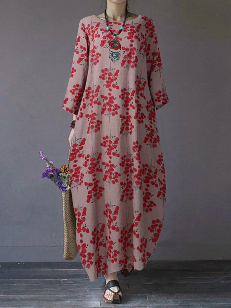 

M-5XL Autumn Women Round Neck Loose Three Quarter Sleeve Long Dress Plus Size Dress Undefined Woman Dress Indie Folk Dress