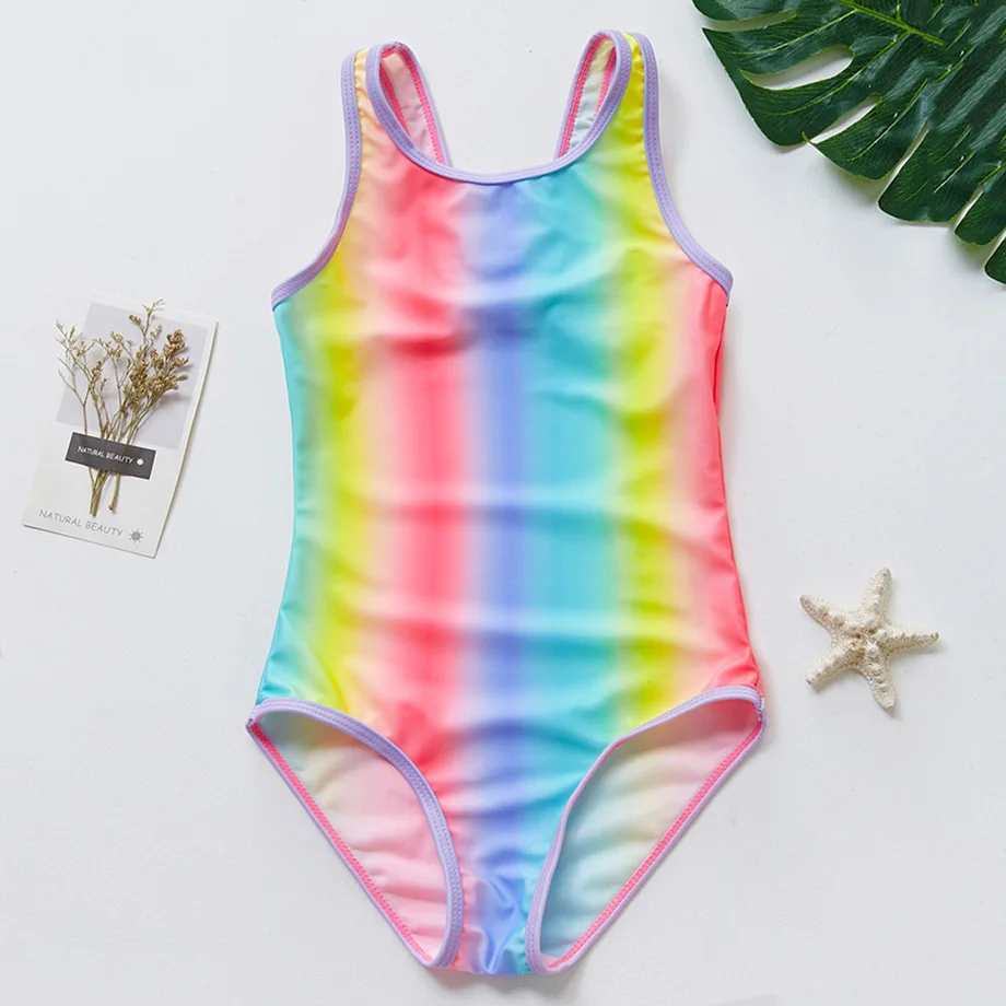 Женский купальник детский слитный радужной расцветки для девочек винтажный