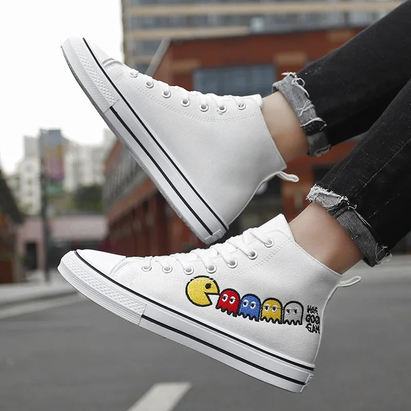 Fashion 2021 White and Black Anime Canvas Sneakers Male Platform Men's High Top Vulcanized Shoes Prints Teen Canvas Shoes Men