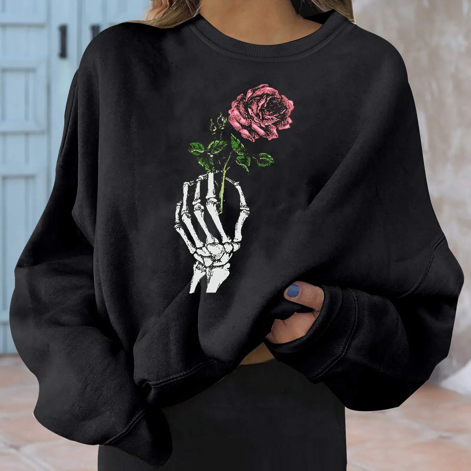 

Autumn Winter Rose Print Hoodies Sweatshirts Women Streetwear Long Sleeve Pullover Hoodies Harajuku Plus Velvet Warm Tops #T2G