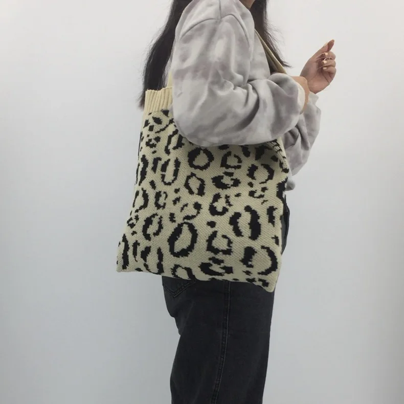 

Fashion Handle Handbags,Women Knitted Shopping Bag,Foldable Leopard Printing Weave Shoulder Bags,Casual Wool Totes