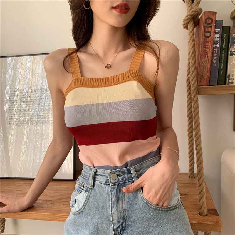 

Summer Women Knit Striped Tank Crop Tops Girls Knitted Knitwear Camisole Sleeveless Cropped Tee shirts Camis Female 2020