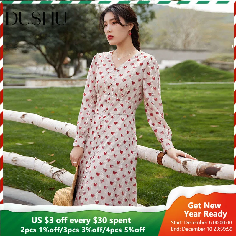 

DUSHU Love Print Lace Embellished Waist Dresses Button-shaped Placket Decoration Design Women Vintage Long Sleeves V-neck Dress