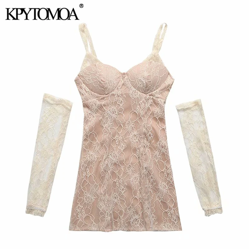 

KPYTOMOA Women 2021 Sexy Fashion With Lace Sleeves Fitted Mini Dress Vintage Backless Thin Straps Female Dresses Vestidos