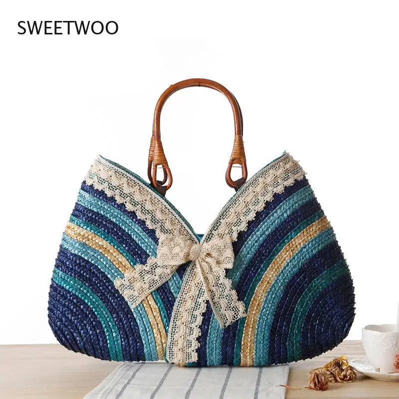 

Женская кружевная соломенная плетеная Сумка-тоут из ротанга, плетеная сумка на плечо, Пляжная соломенная сумка