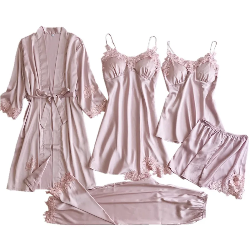 

5PCS Sleep Set Female Pajamas Satin Sleepwear Lace Patchwork Bridal Wedding Gift Nightwear Silky Nighty&Robe Suit Homewear