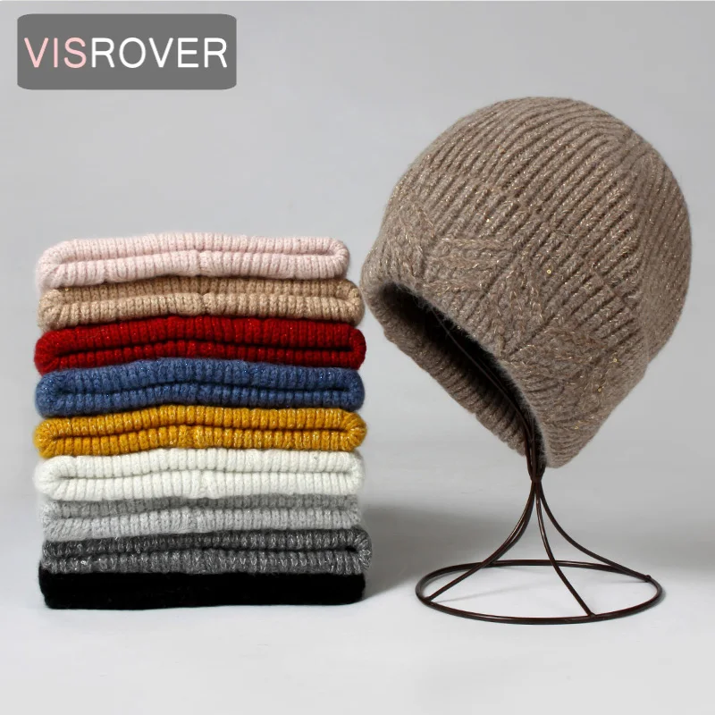 

VISROVER 10 Colorway Rabbit Cashmere Woman Winter Hat With Lurex Sequin Autumn Cashmere Bonnet With Pompom Woman Warm Skullies