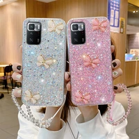 for xiaomi redmi note 10 pro luxury jade butterfly glitter bling phone cases for xiaomi poco x3 gt pearl lanyard silicon cover