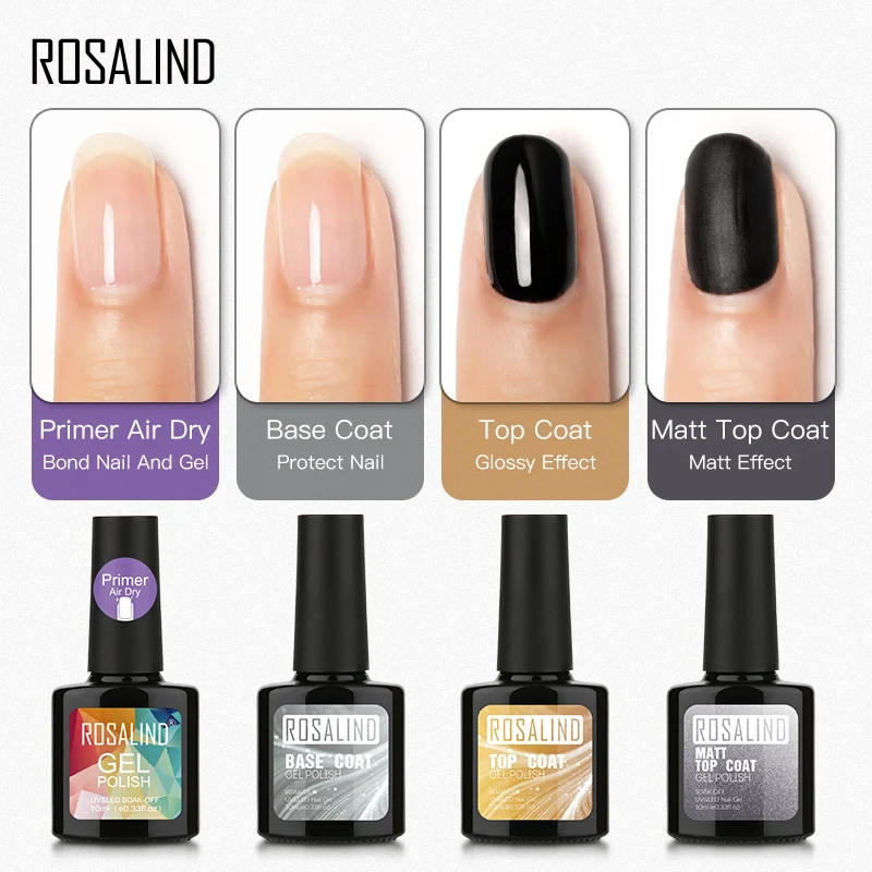 ROSALIND Gel Nail Polish Kit Primer Base Coat Top Matt Set Bright For Art Design UV LED Hybrid Lacquer | Красота и здоровье