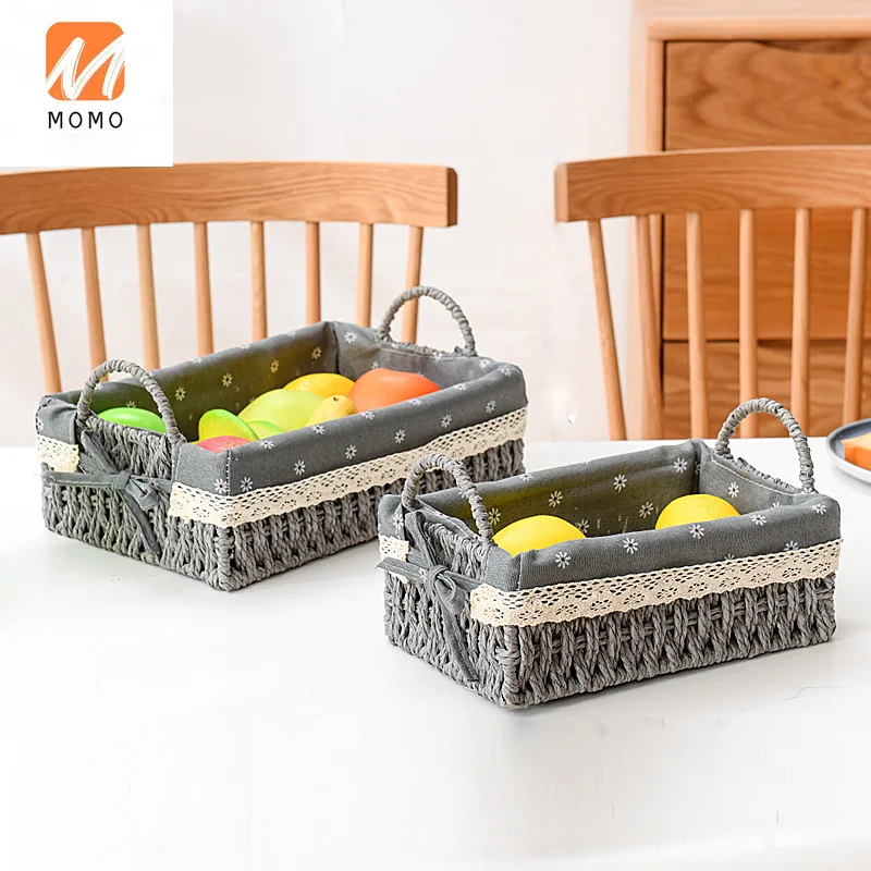 

Storage Basket Cosmetics Storage Box Rattan Snack Storage Basket Sundries Storage Box Desktop Fabric Handle Storage Box