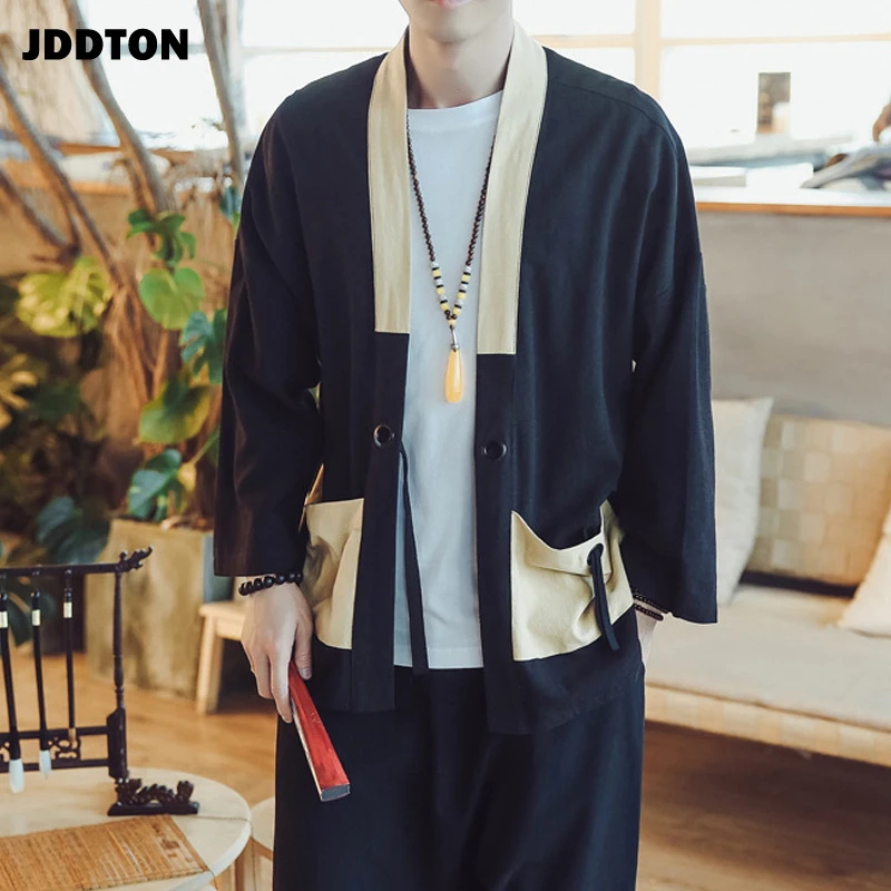 Мужское льняное кимоно JDDTON Свободное длинное пальто в японском стиле винтажная