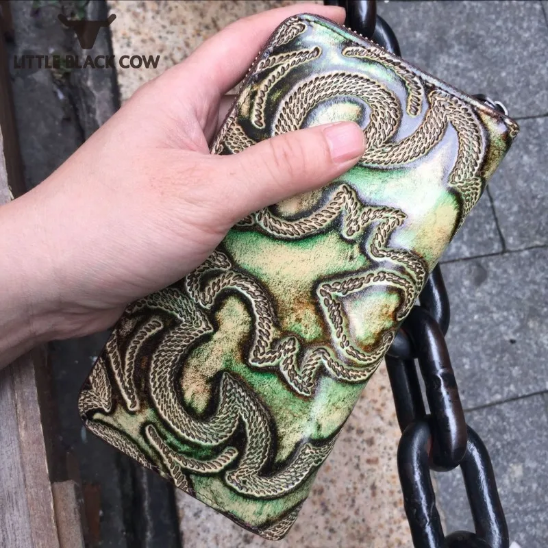 

Vintage Women Handmade Carving Cowhide Genuine Leather Wallet Long Purse Carteira Masculina Card Holder Money Packing Wallets