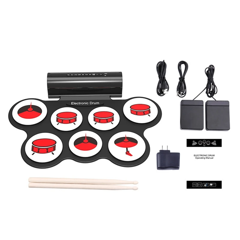 

Silica Gel Electronic Drum Set Roll Up Portable Practice Pad Kit Built-in 2 Effect Pedals Drumsticks for Kids Beginners.