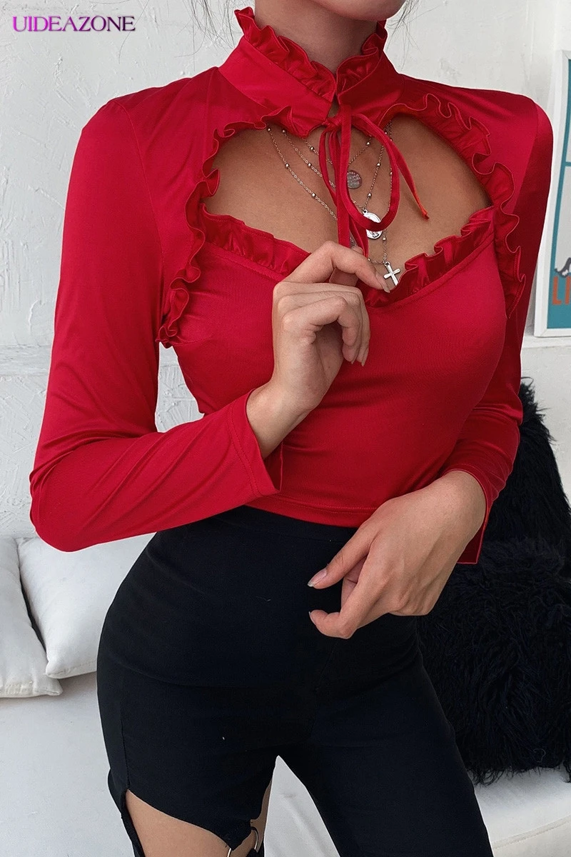 Женские топы с оборками вырезом длинным рукавом сексуальные винтажные весенние