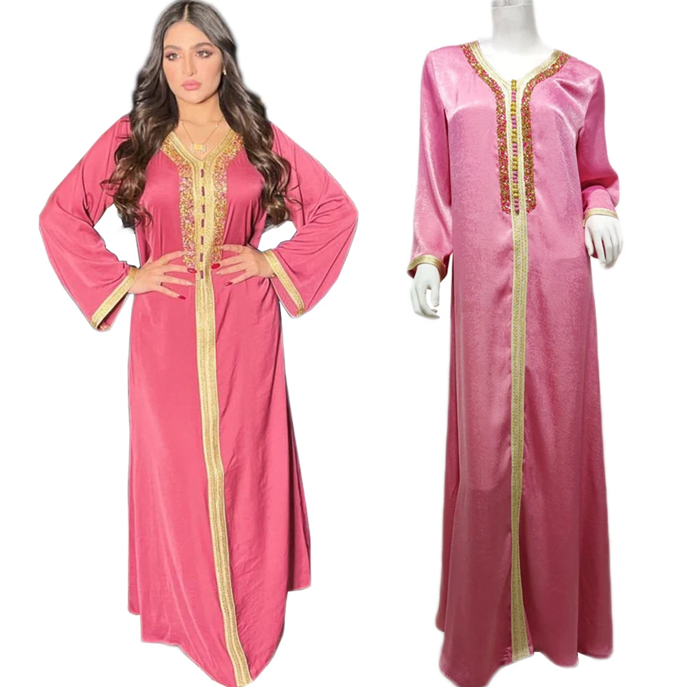 Длинное платье для женщин, мусульманский Восток в Дубае, Арабская абайя, мусульманская одежда, кафтан, марокканские бриллианты, с V-образным ...