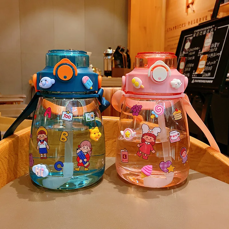 

1300ml DIY Cartoon Big Belly Straw Cup Portable Strap Space Cup Large Capacity Water Bottle with Handle Plastic Cup Drinkware