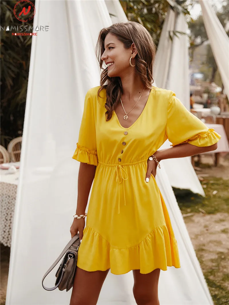 

Women Summer Solid Color A-Line Dress Drawstring Design Button Ruffles Decor V-Neck Half Sleeve High Waist Slim Mini Dress