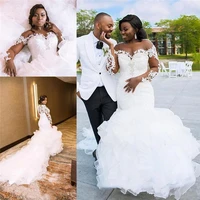 african sheer long sleeves lace mermaid wedding dresses 2022 scoop neck tulle applique sweep train wedding bridal gowns robes