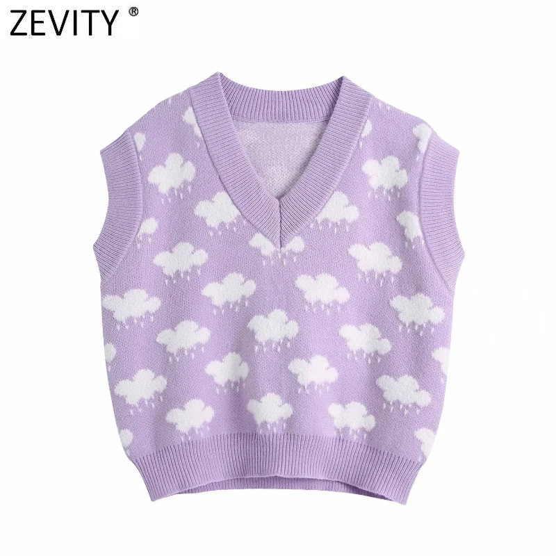 Zevity Women Fashion Cloud Jacquard Casual Loose Knitted Vest Sweater Lady V Neck Sleeveless Waistcoat Chic Pullovers Tops SW809
