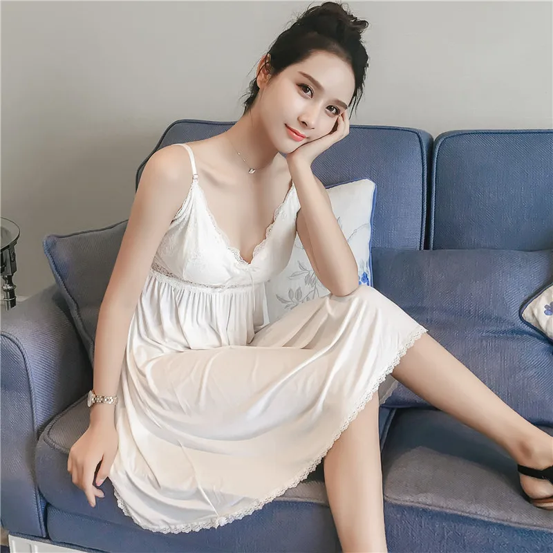 

Summer Suspender Nightdress Feminine Lace Princess With Chest Pad Short Dress Base Nightwear Modal Palace Home Service Пижама