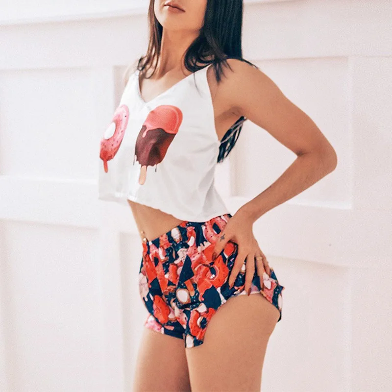 

Women Animation Print Pajamas Set Sexy V Neck Spaghetti Strap Top Elastic Waist Shorts Female Sleepwear Summer Ladies Pajamas