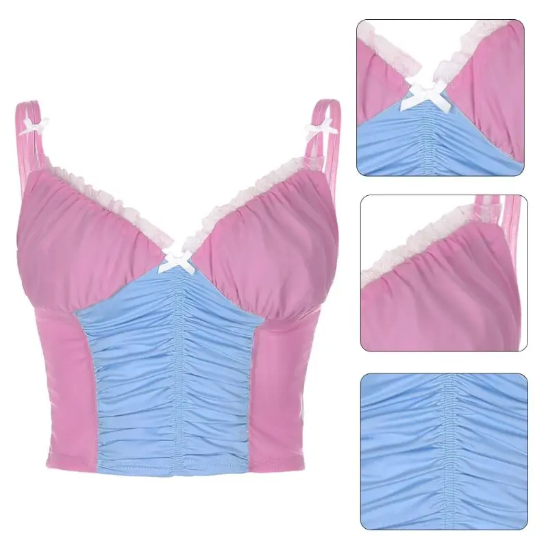

Women Summer Sleeveless Crop Top Sexy V-Neck Backless Color Block Camisole Ruffles Lace Mesh Patchwork Ruched Sling Vest