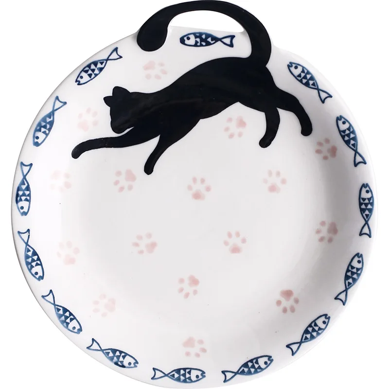 

Ceramic Tableware Round Black Cat Tail Print Mono Ear Plate Main Course Dim Sum Salad Dessert Tray Flavor Dish Kitchen Supplies