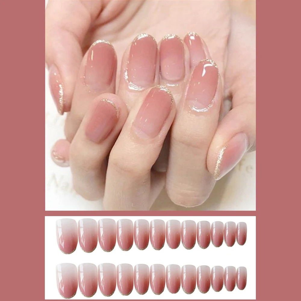 24Pcs Artificial Fake Nail Press on Full Cover Nails Tips Pink Shiny False Short Extension Jelly Removable For Reuse | Красота и
