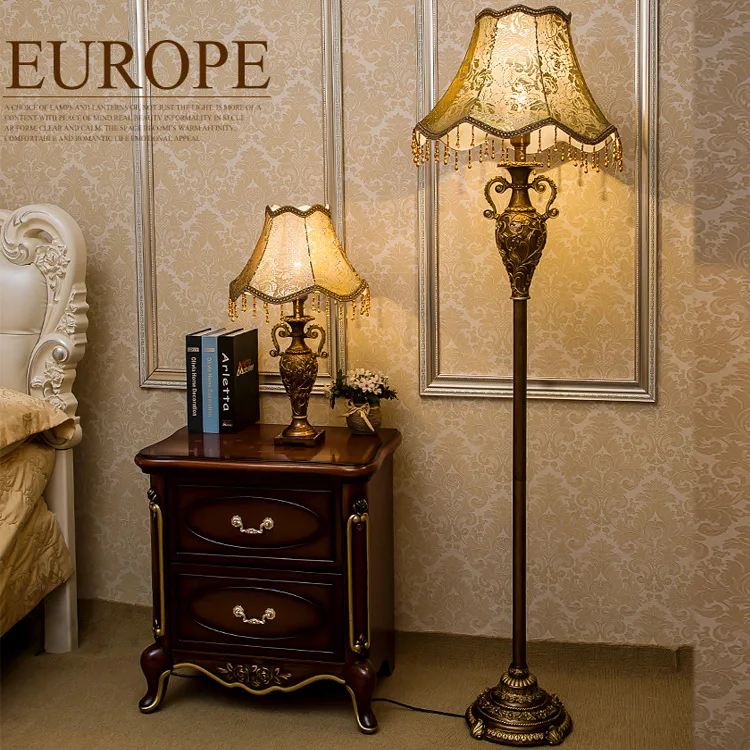 

European Living Room Resin Floor Lamp Classical Study Bedroom Fabric Lamp Cover Brown Carved Floor Lamps